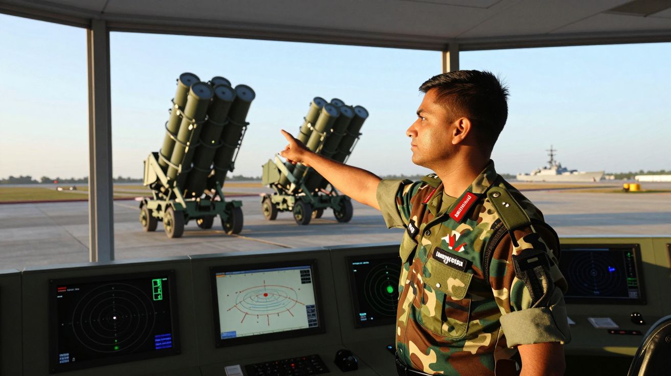 Militar em uniforme aponta para lançadores de mísseis no exterior de uma torre de controlo militar com monitores.