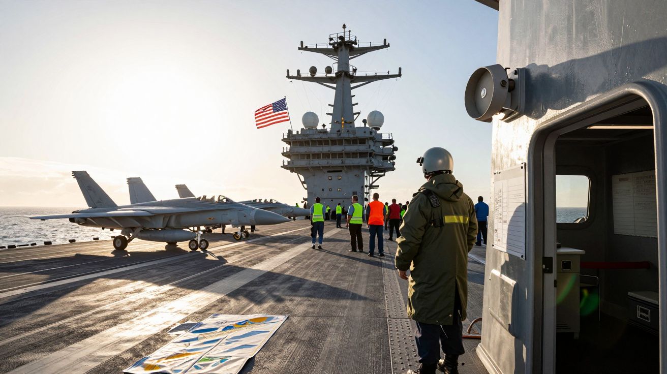 Pessoas no convés de um porta-aviões com aviões de combate e bandeira dos EUA ao pôr do sol.