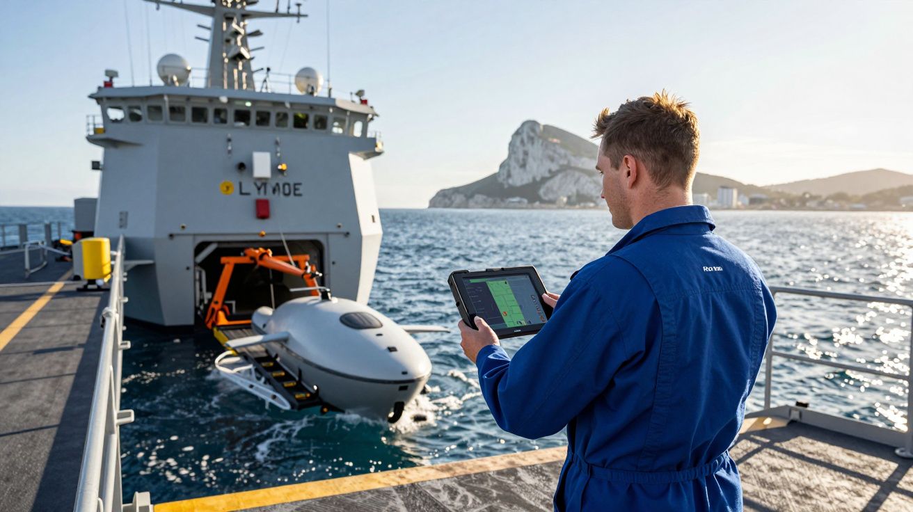 Homem de azul a controlar veículo submarino a partir de um navio no mar com ilha ao fundo.