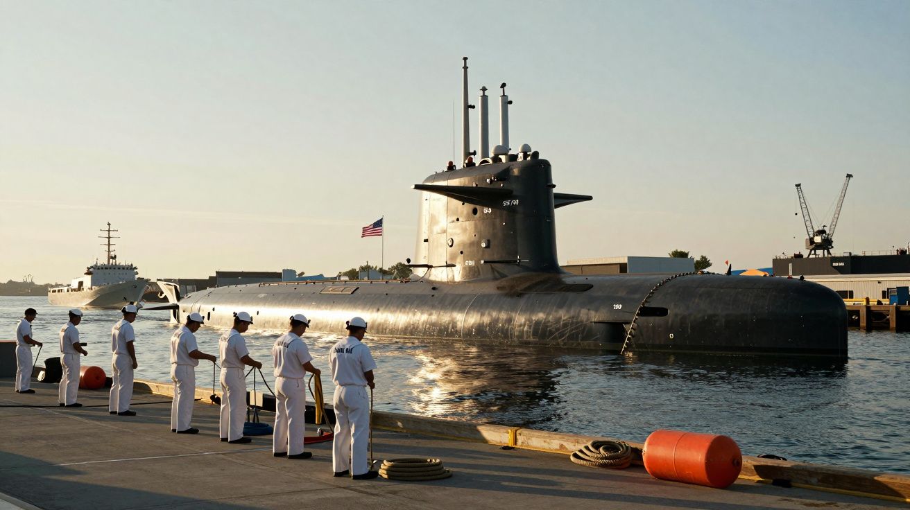 Homens da marinha em uniforme branco alinhados no cais ao lado de um submarino negro atracado ao pôr do sol.