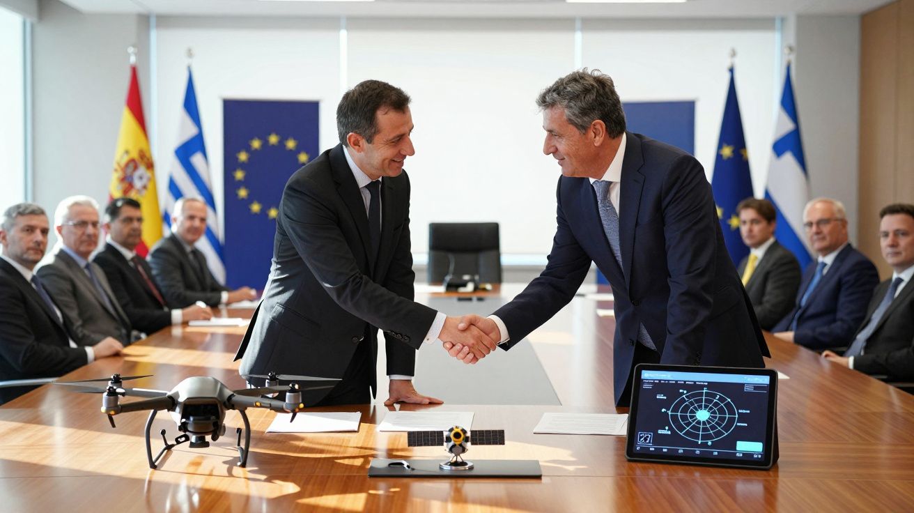 Dois homens de fato apertam as mãos à volta de uma mesa de reunião com drone, tablet e bandeiras da UE, Espanha e Finlândia a