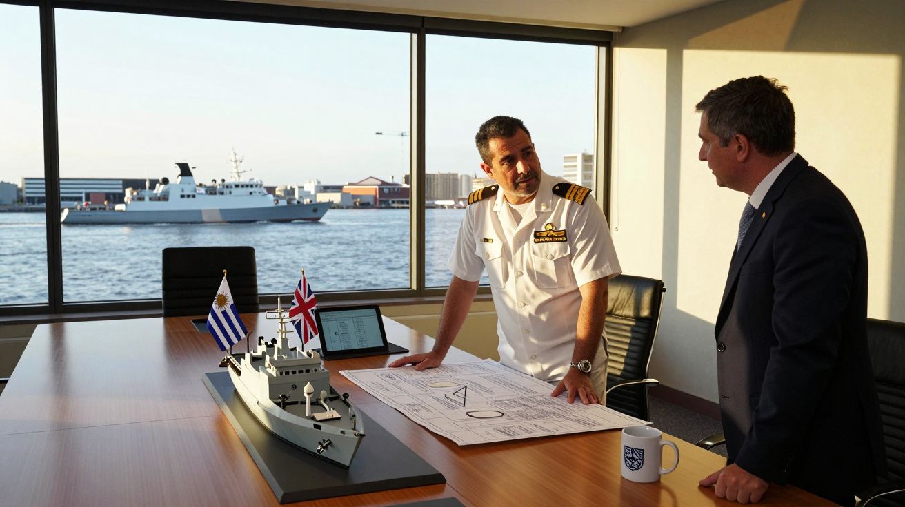 Dois homens discutem junto a uma mesa com maquete de navio e plantas, com vista para um porto e navio militar.