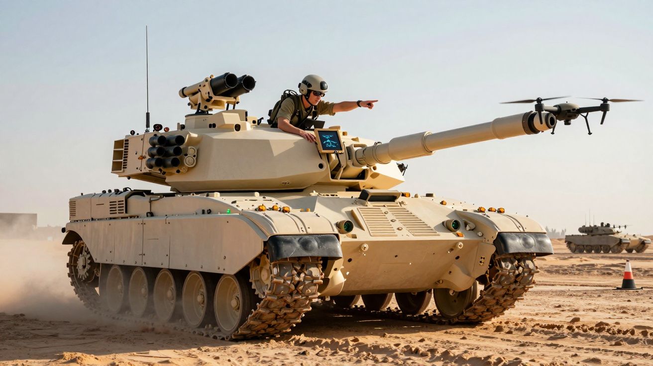 Tanque militar bege em terreno desértico com soldado apontando e drone ao lado do canhão principal.