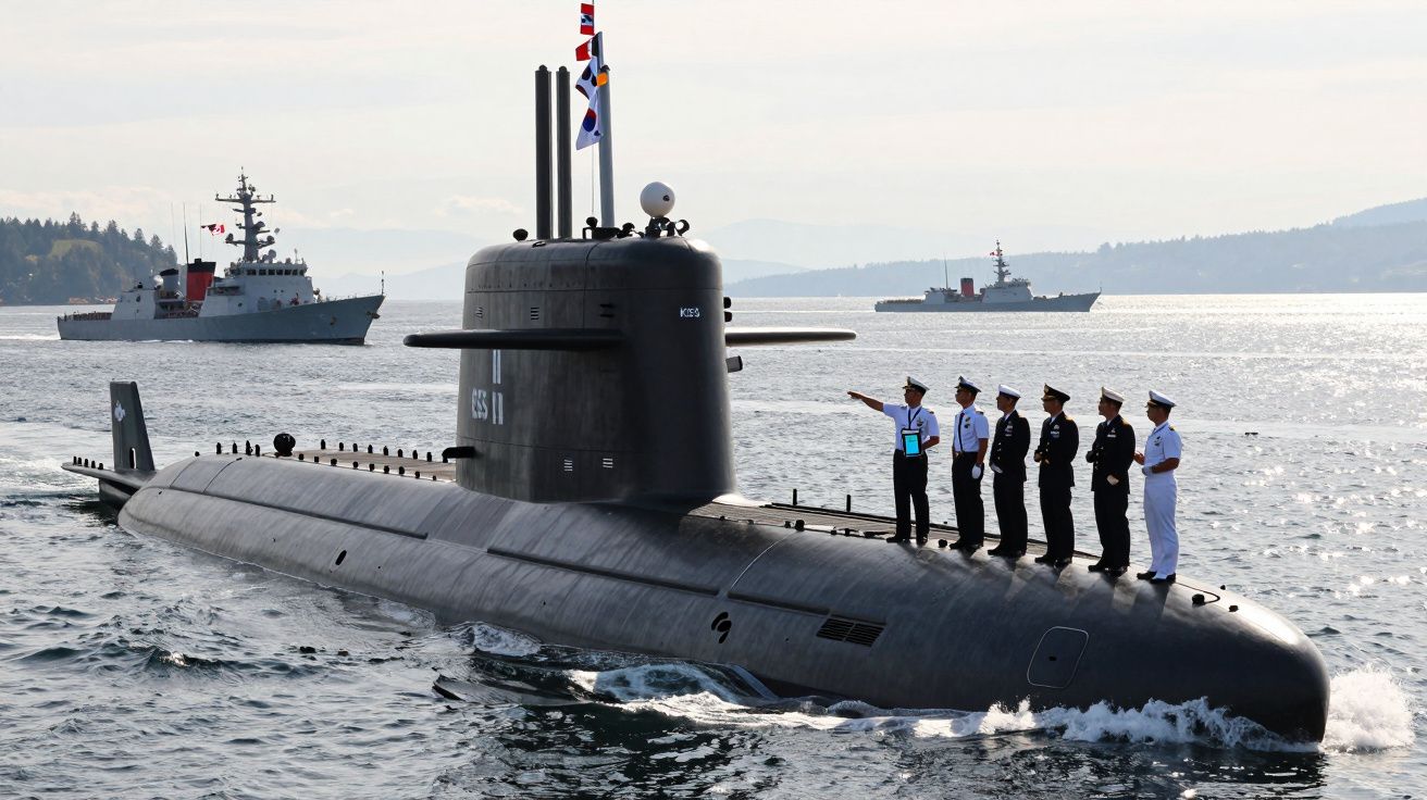 Submarino militar a navegar com seis marinheiros alinhados na sua parte superior e dois navios de guerra ao fundo.