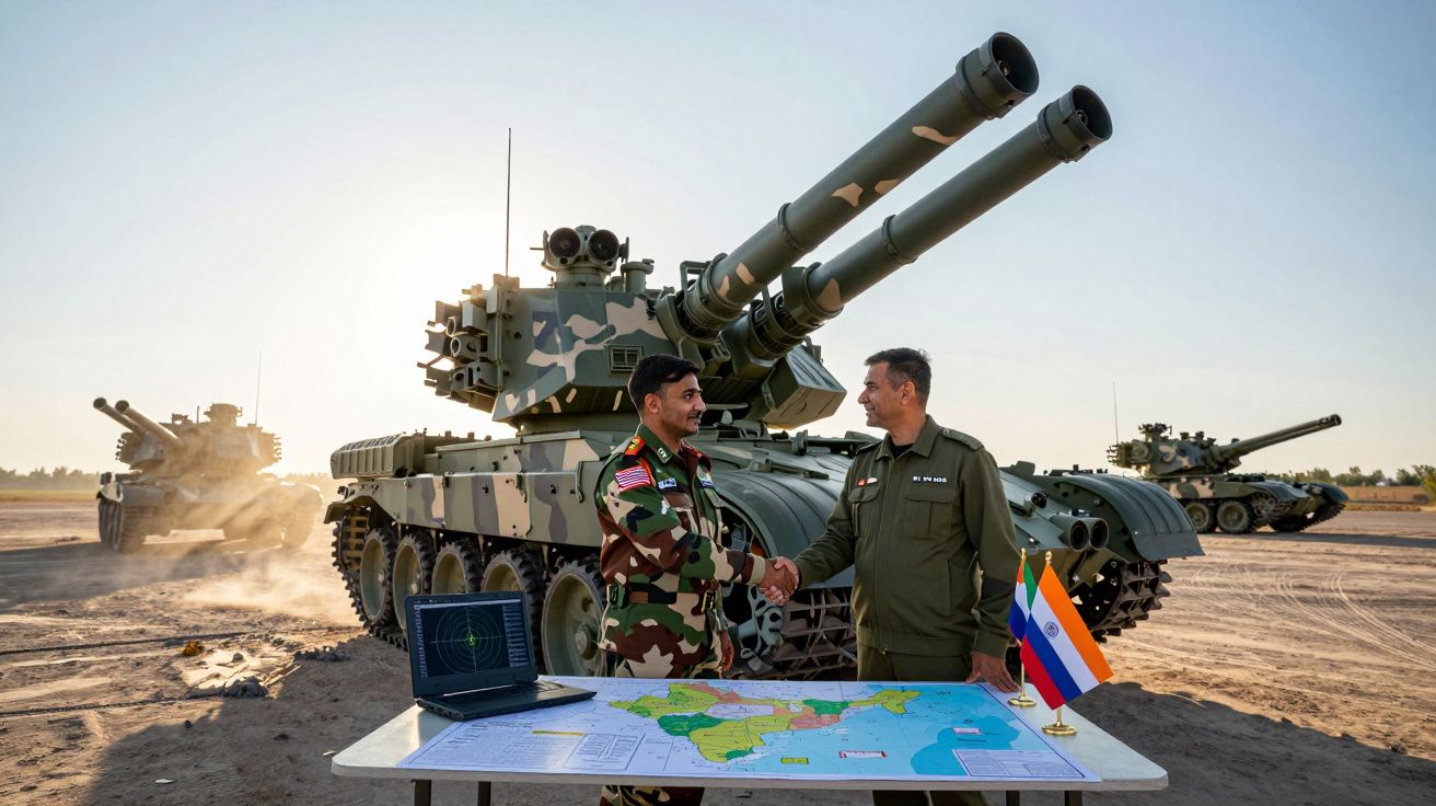 Dois militares em uniformes diferentes cumprimentam-se à frente de tanques de guerra camuflados em área aberta.