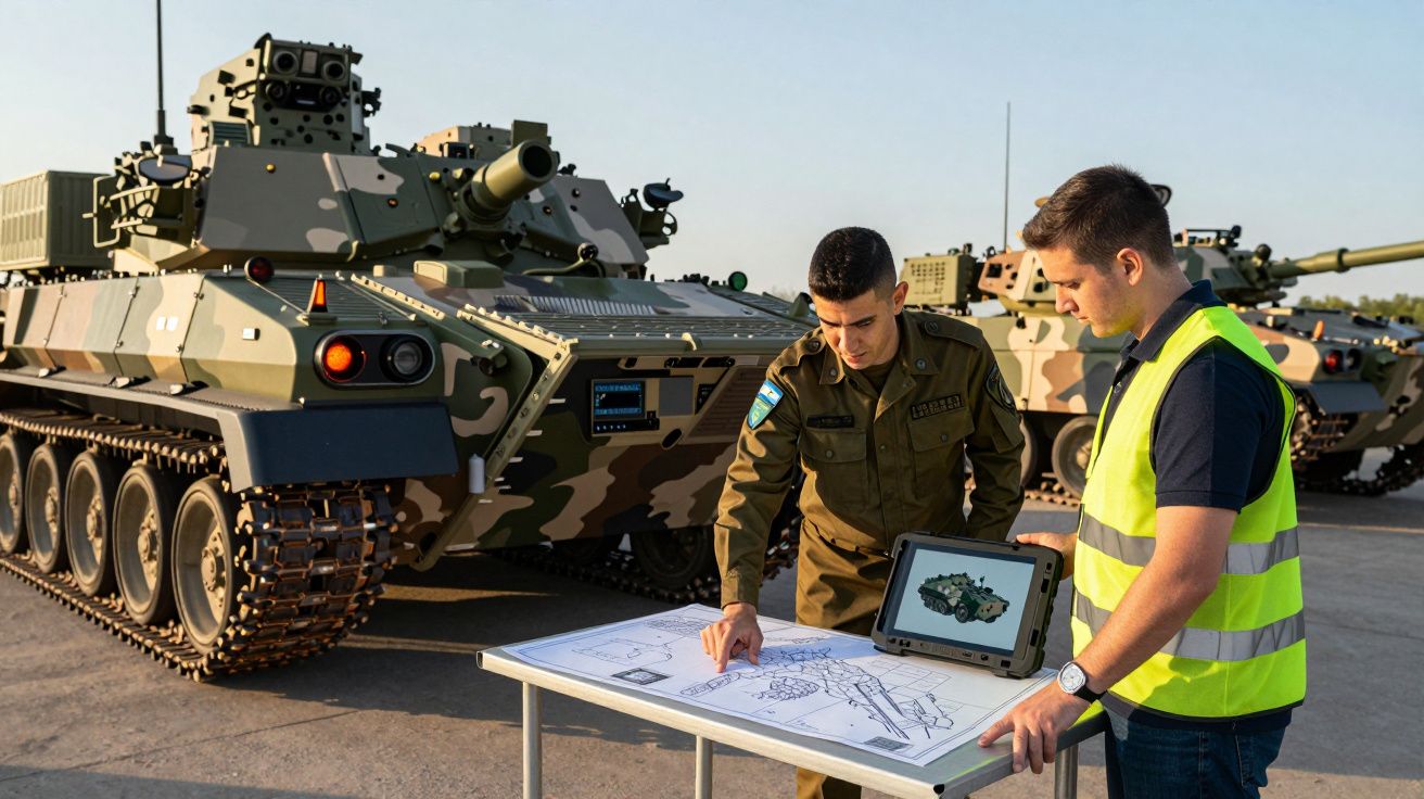 Dois homens, um militar e outro com colete refletor, analisam planos e uma imagem digital de um veículo blindado em fundo com