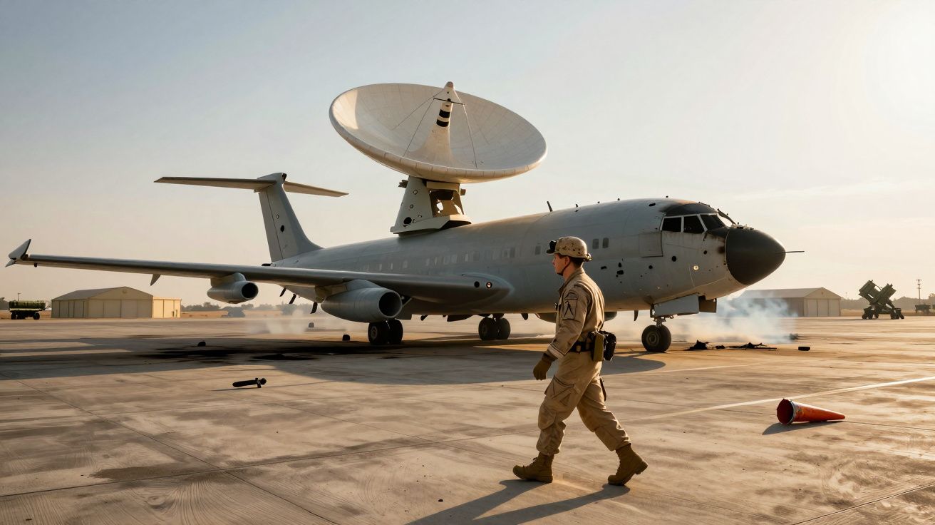 Militar a caminhar numa pista ao lado de avião de reconhecimento equipado com antena parabólica grande.