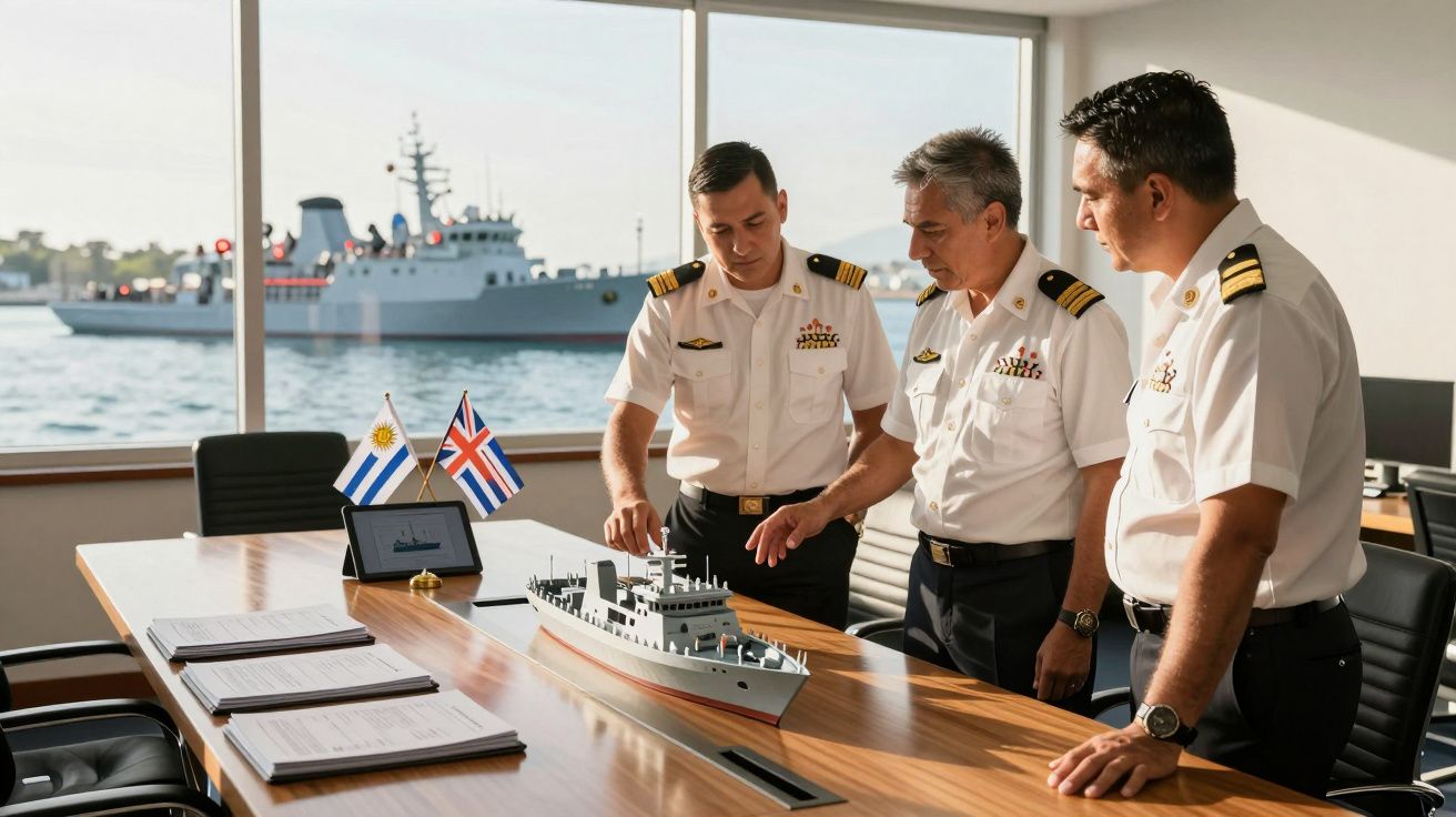 Três oficiais navais em uniforme branco analisam modelo de navio numa sala com vista para o mar e um navio real.