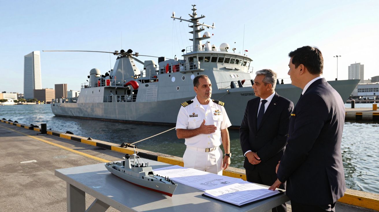 Três homens, um em uniforme naval, discutem junto ao cais com modelo e planos de navio à frente e um navio real ao fundo.
