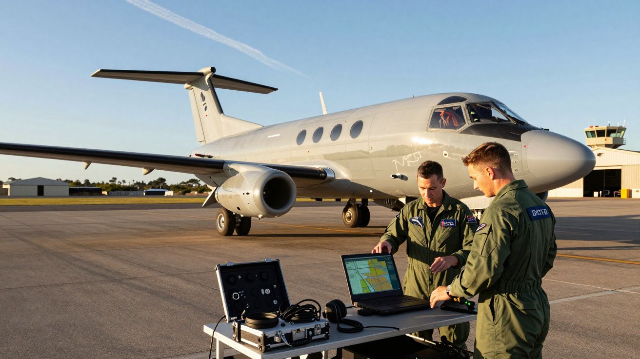Dois militares em uniforme verde analisam dados num computador portátil junto a um avião estacionado numa pista.