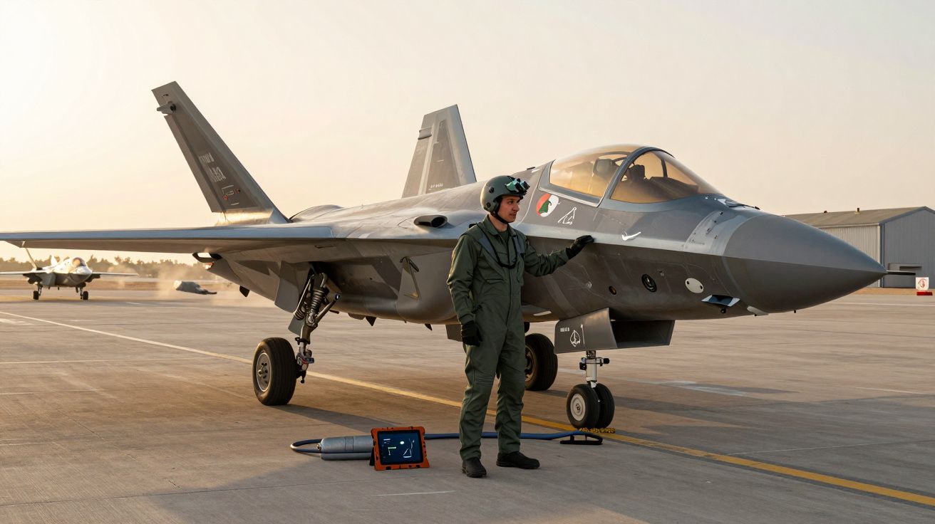 Piloto militar de pé junto a avião de caça estacionado numa pista durante o crepúsculo.