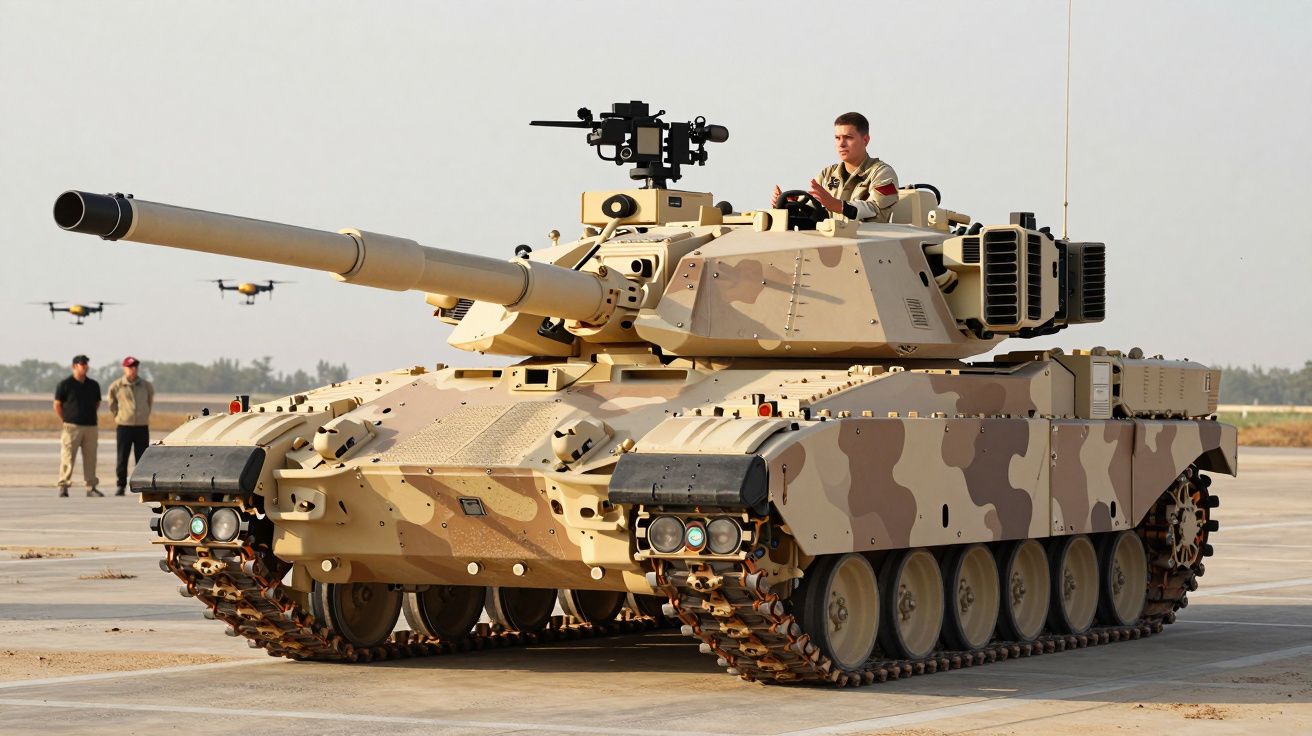 Tanque militar camuflado em tons areia com soldado à vista em superfície plana ao ar livre.