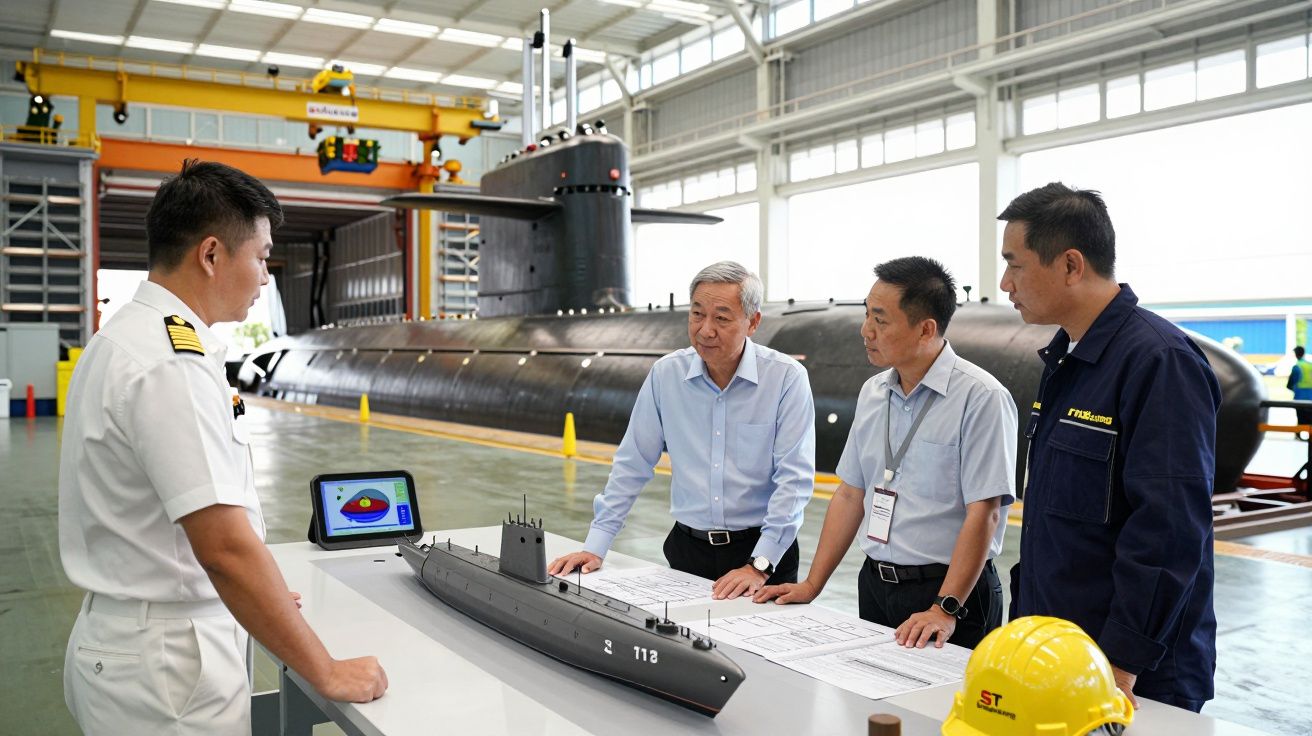 Quatro homens analisam modelo e planta de submarino numa fábrica industrial moderna.