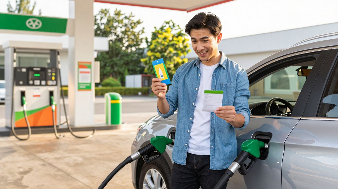 Homem junto a carro a abastecer num posto de combustível, segurando telefone e recibo com expressão satisfeita.