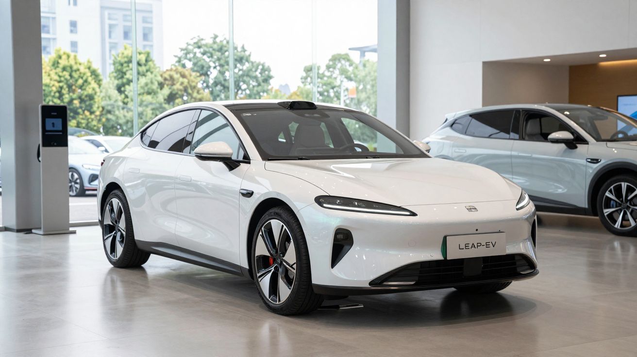 Carro elétrico branco LEAP-EV exibido num salão moderno com grandes janelas e piso cinzento polido.