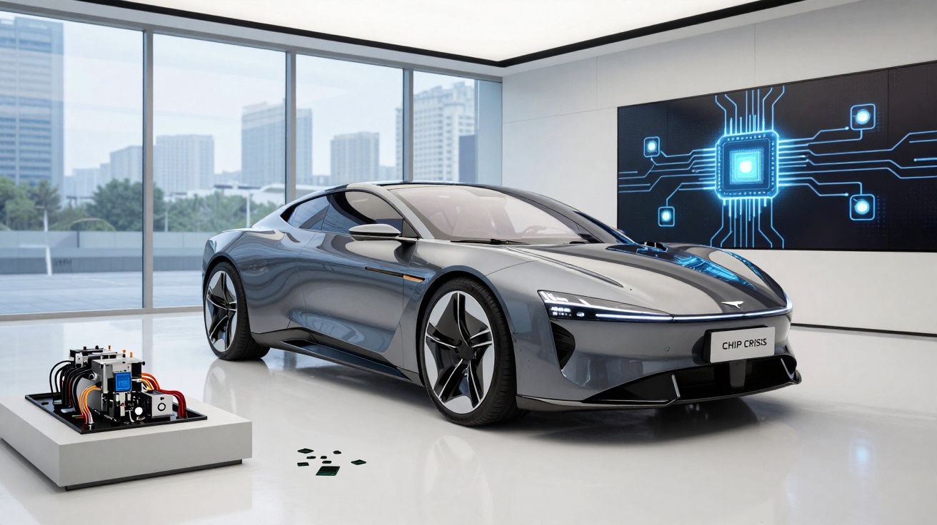 Carro elétrico cinza futurista no interior de showroom com painéis digitais e motor exposto.