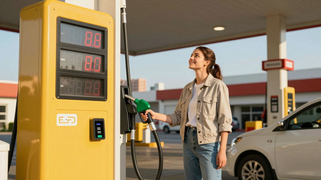 Mulher jovem segura pistola de combustível num posto de abastecimento amarelo, sorridente, junto a carro branco.