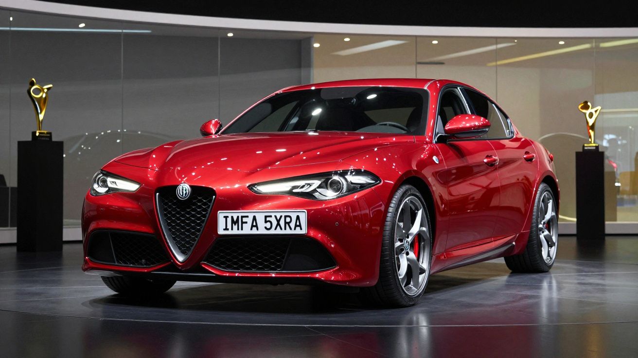 Carro desportivo vermelho Alfa Romeo em exposição num salão com troféus ao fundo.