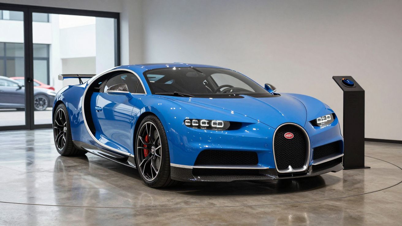 Bugatti Chiron azul exposto numa sala com chão de cimento polido e parede branca.