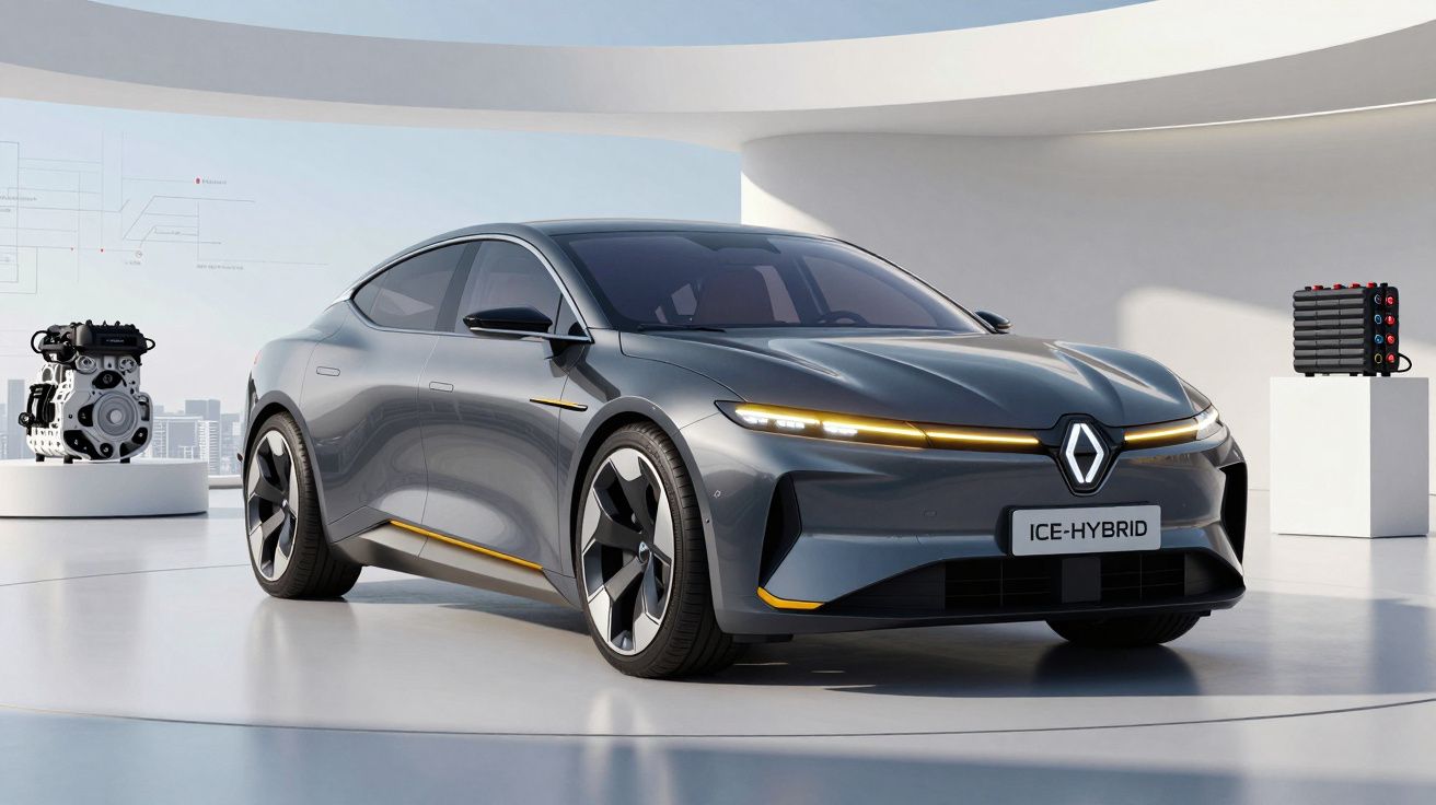 Carro híbrido cinza Renault ICE-HYBRID com design moderno em ambiente minimalista e tecnológico.