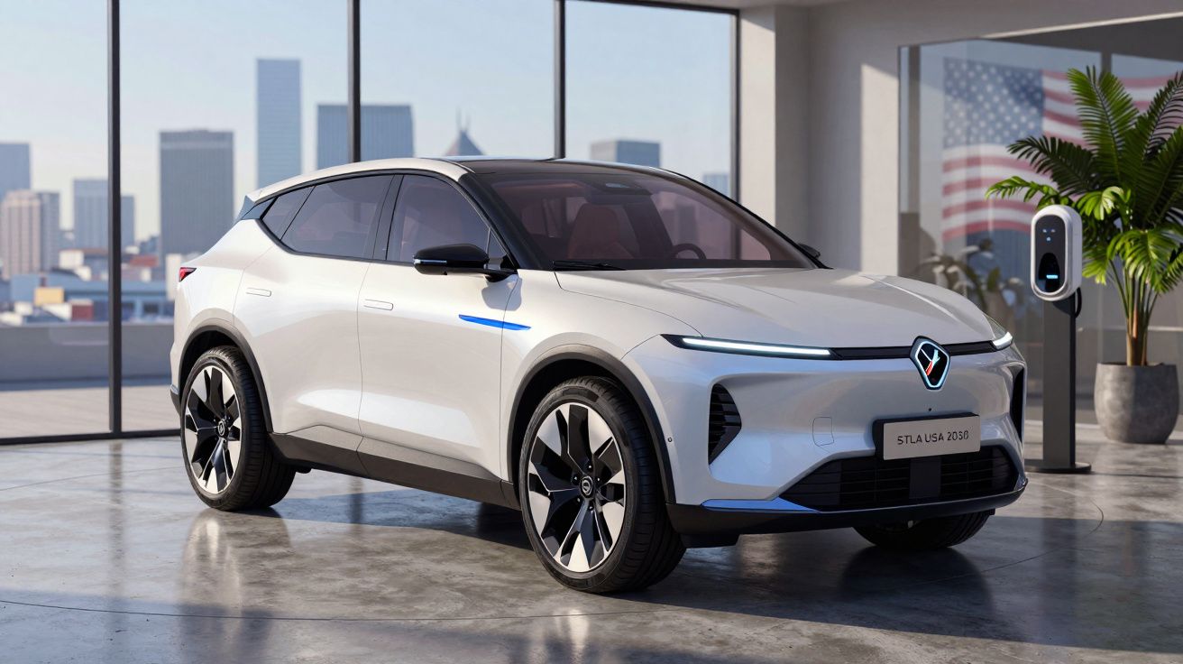 Carro elétrico branco estacionado em espaço interior moderno com janela ampla e vista para cidade.