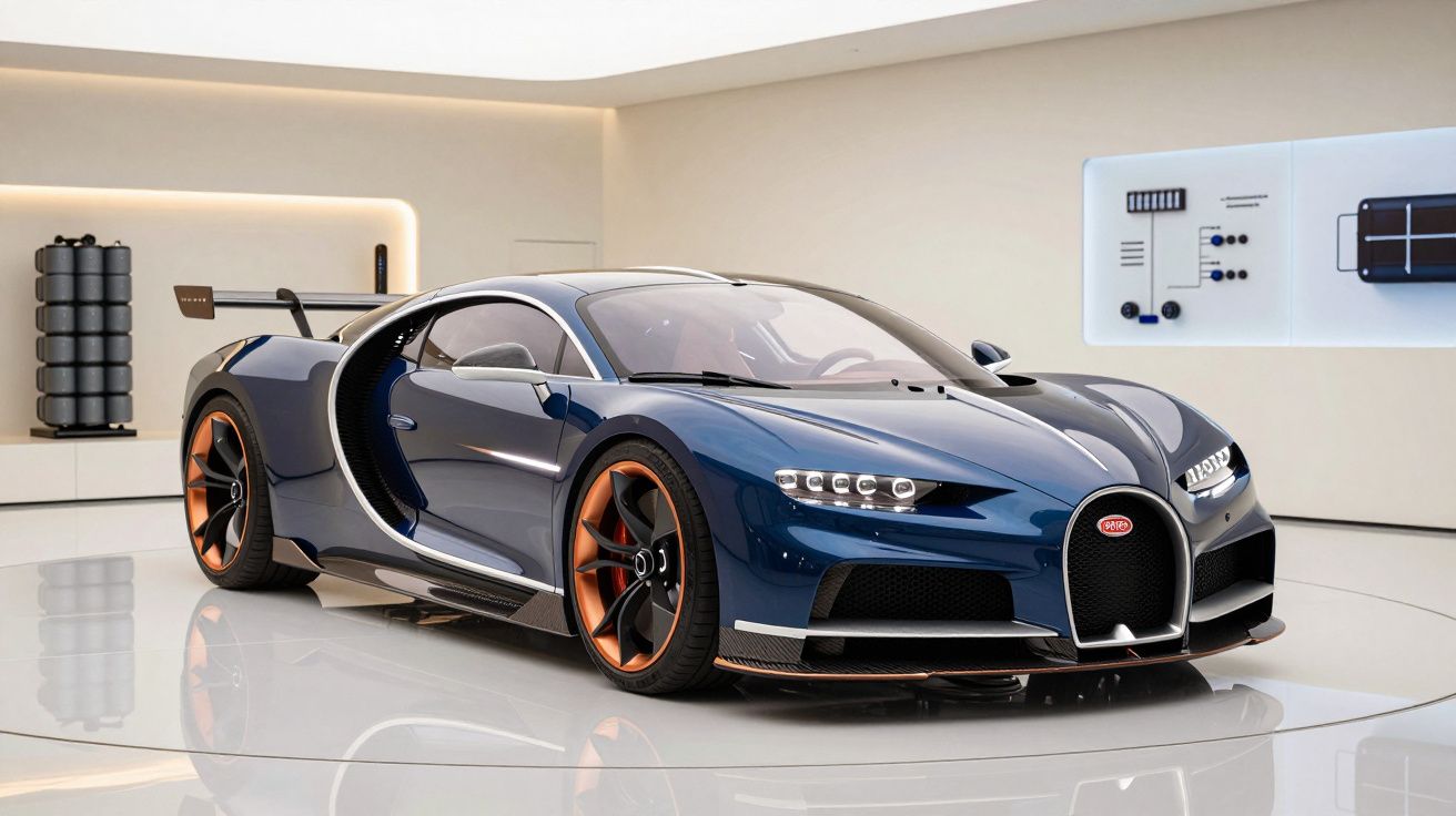 Automóvel esportivo Bugatti Chiron azul com detalhes em bronze em showroom moderno e iluminado.