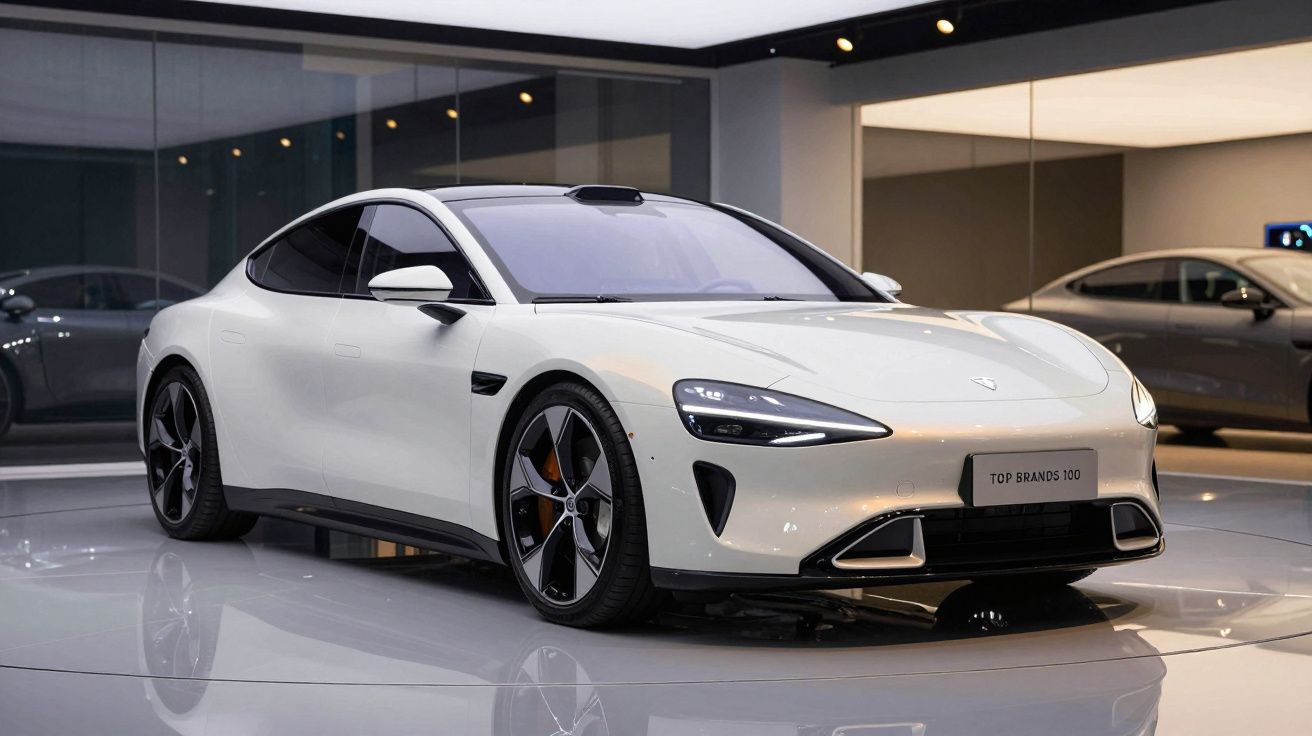 Carro eléctrico moderno branco estacionado em showroom com design aerodinâmico e faróis LED.