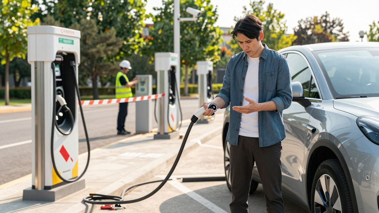 Homem confuso a tentar ligar cabo de carregamento ao carro elétrico numa estação de carregamento.