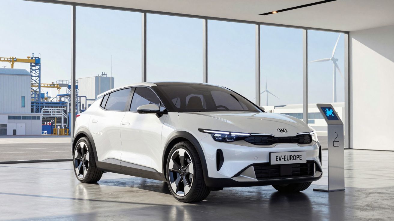 Carro eléctrico branco estacionado em interior moderno com carregador e turbinas eólicas ao fundo.