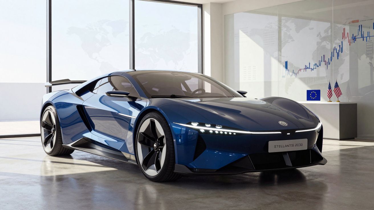 Carro desportivo elétrico azul Stellantis 2030 estacionado num espaço moderno com janelas grandes e gráficos de ações.