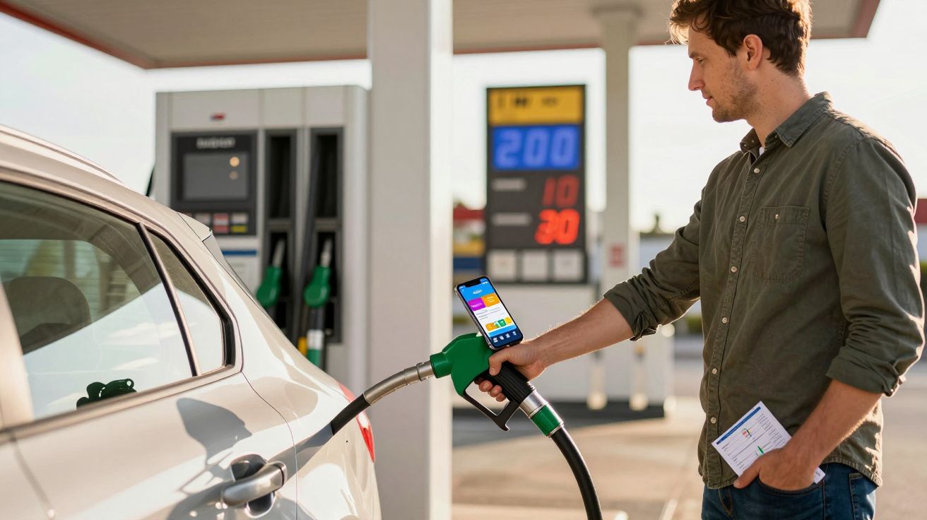 Homem a abastecer carro numa bomba de combustível enquanto usa smartphone para pagamento.