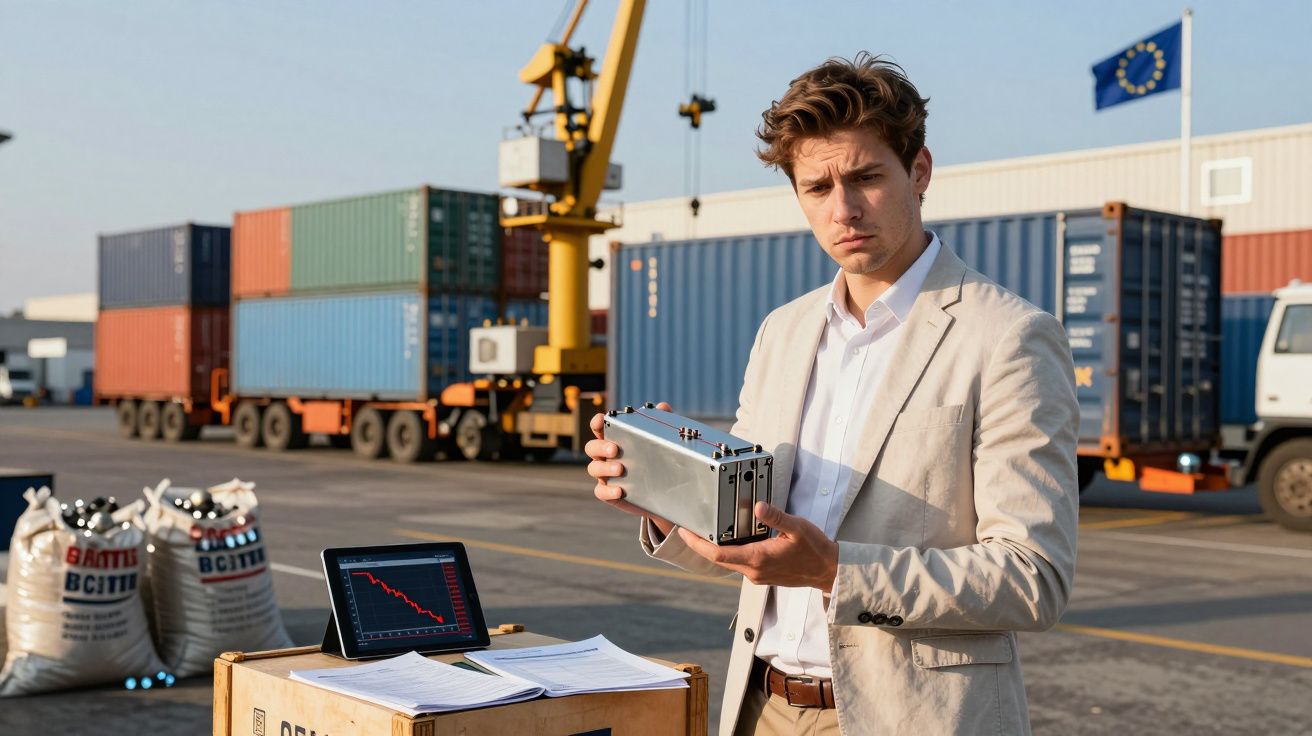 Homem de fato claro segura dispositivo eletrônico num porto com contentores e gráfico negativo num tablet.