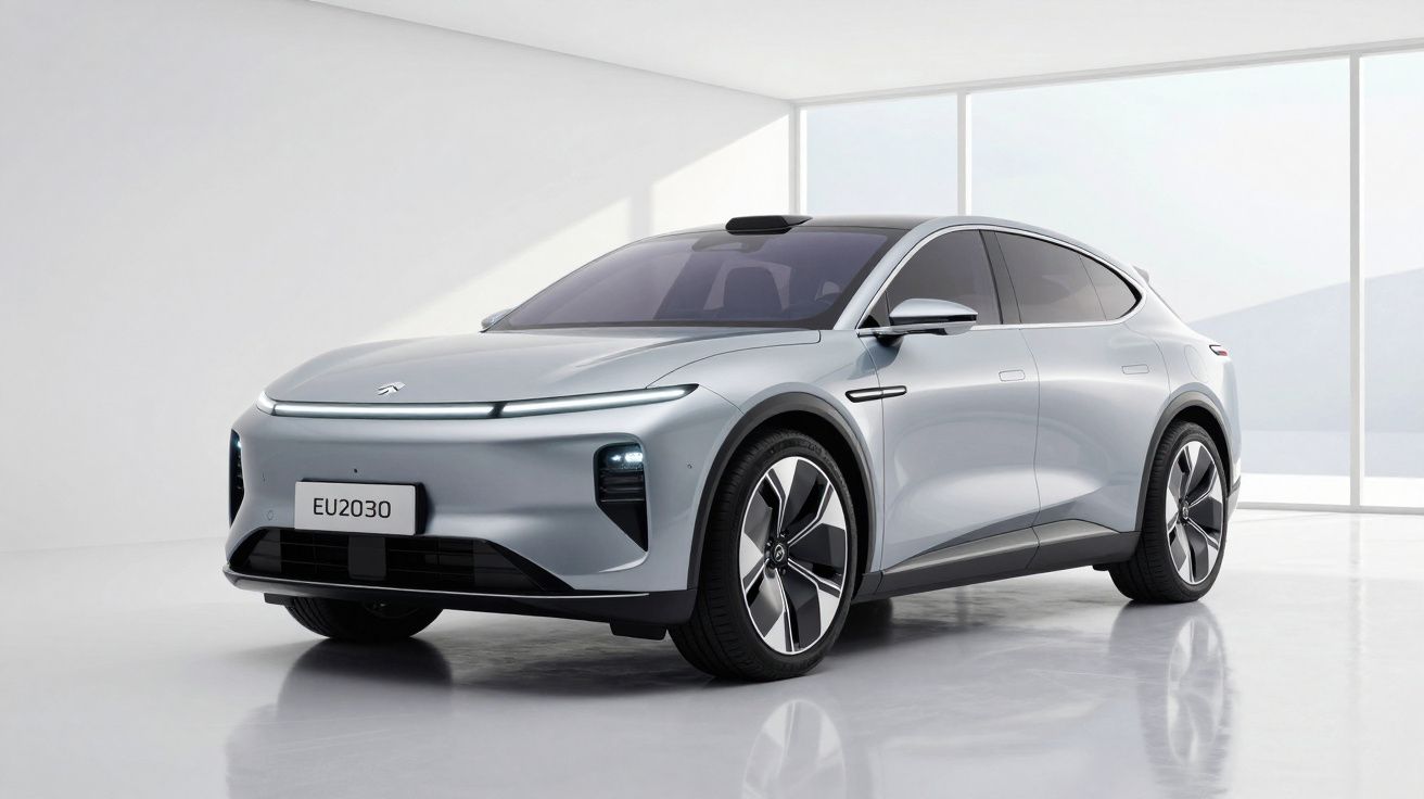 Carro elétrico moderno cinzento com linhas aerodinâmicas em ambiente interior minimalista e iluminação natural.