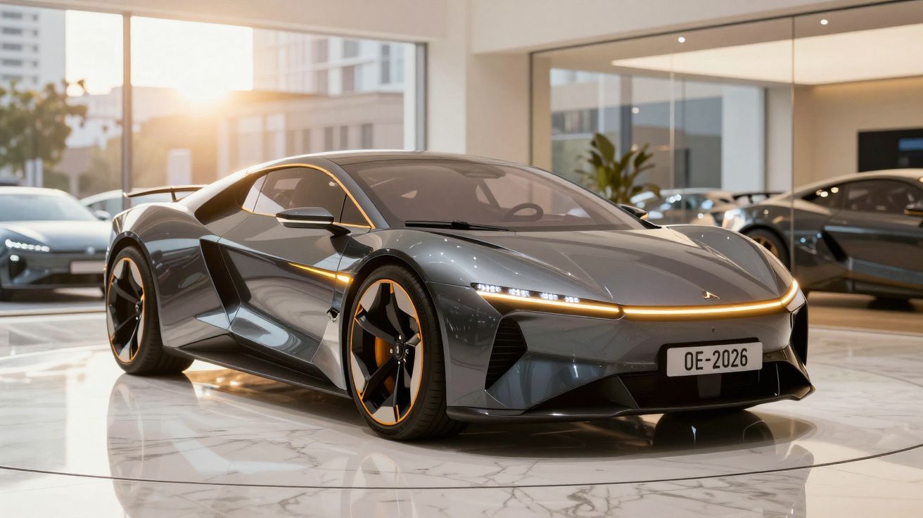 Automóvel desportivo cinza metálico com linhas modernas e detalhes em laranja num showroom iluminado pela luz natural.