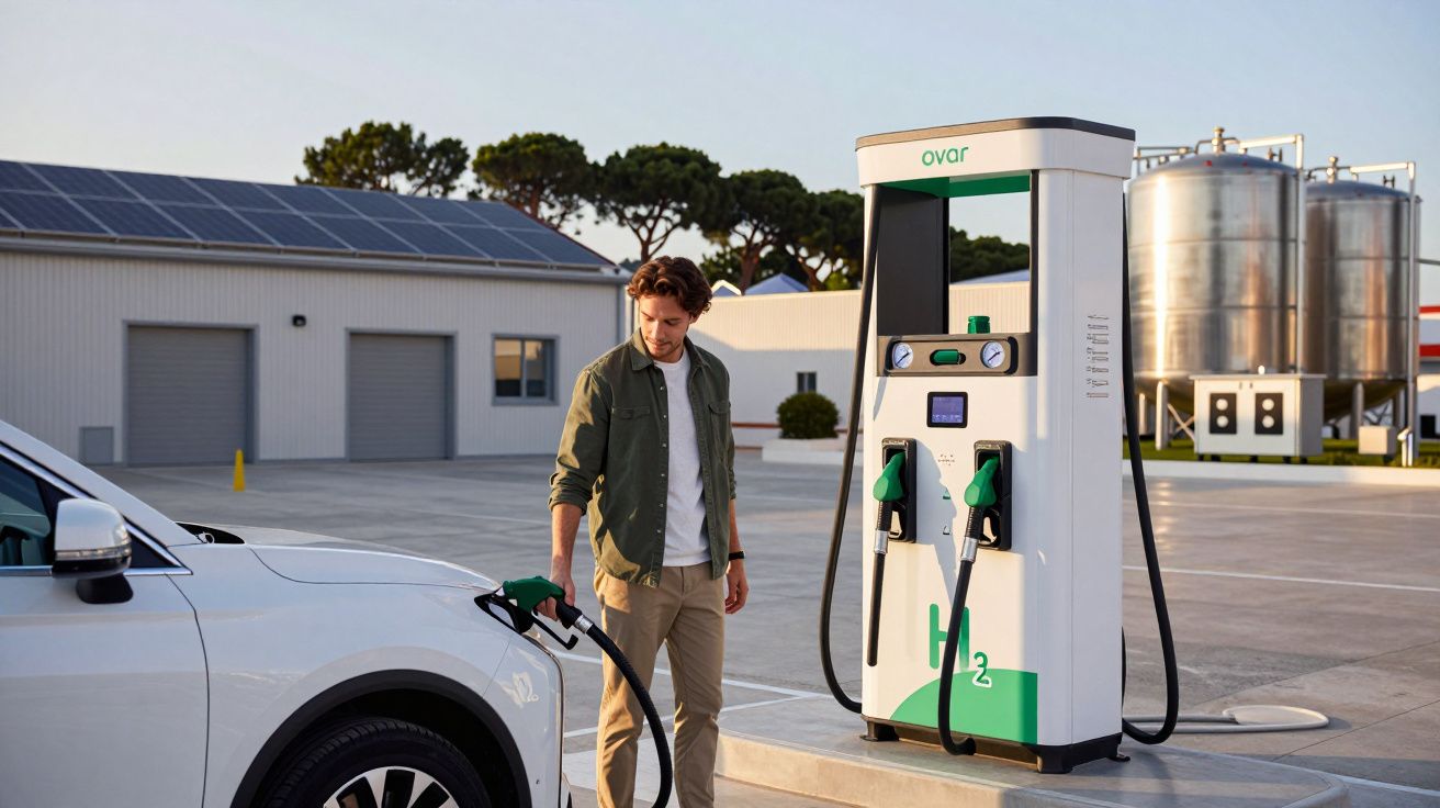 Homem a abastecer carro elétrico numa bomba de hidrogénio num posto moderno ao ar livre.