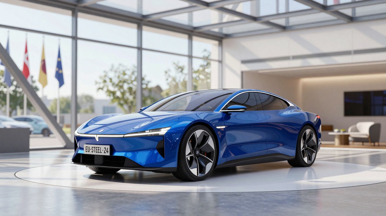 Carro elétrico azul desportivo estacionado num showroom com janelas amplas e várias bandeiras ao fundo.