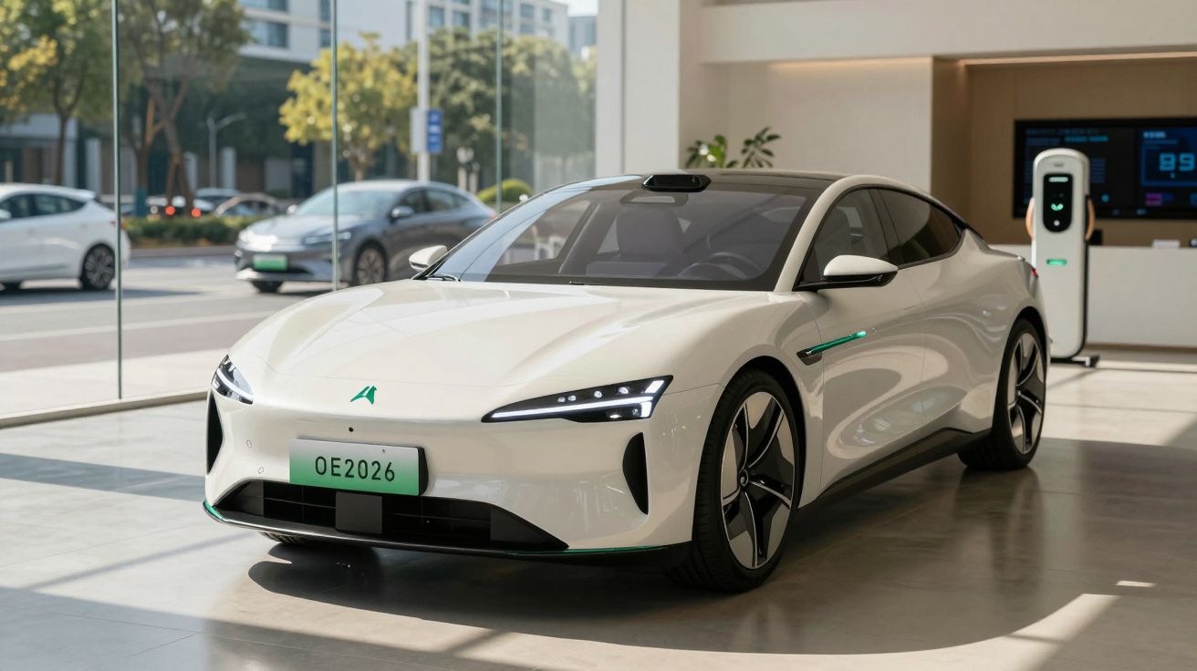 Carro elétrico branco com design moderno estacionado em showroom com carregador ao fundo.