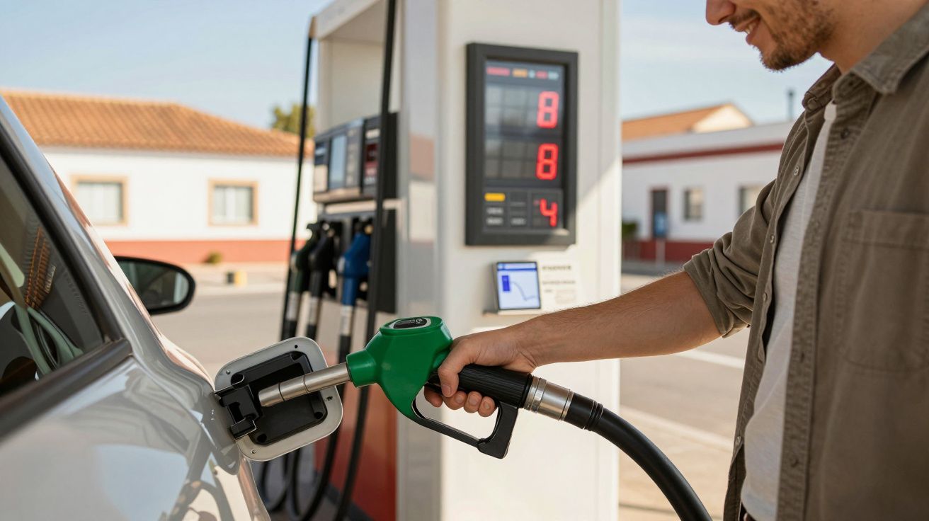 Pessoa a abastecer um carro com gasolina numa bomba de combustível numa estação de serviço.