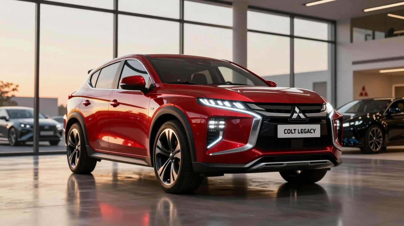 Automóvel SUV vermelho Mitsubishi Colt Legacy em exposição numa sala ampla e iluminada.