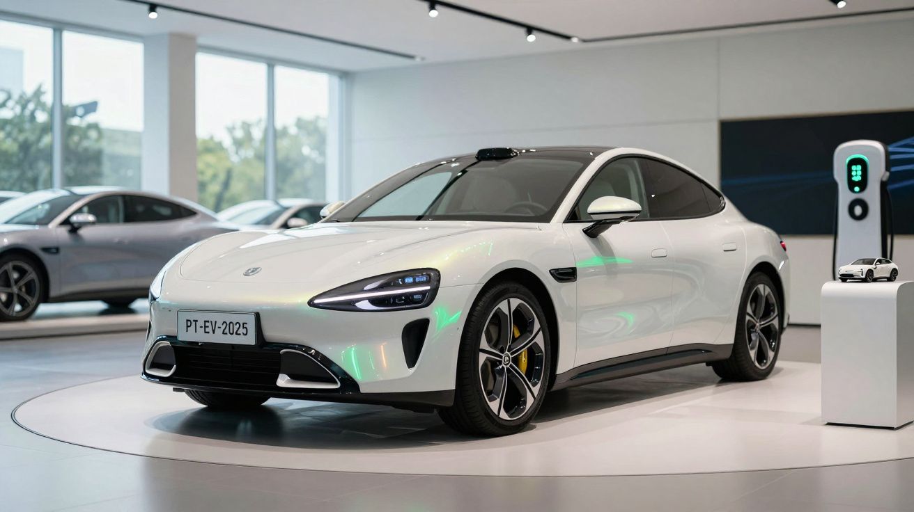 Carro elétrico branco moderno em exposição dentro de um showroom com carregador ao lado.