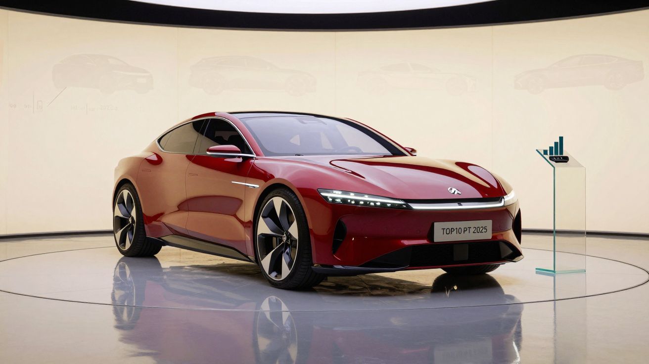 Carro elétrico moderno vermelho em exposição num espaço minimalista com iluminação suave.