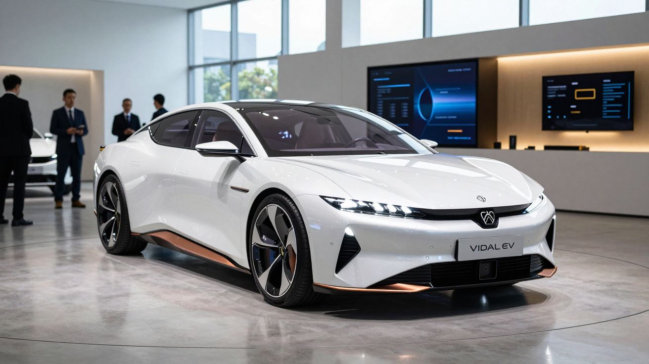 Carro elétrico branco Vidal EV exposto em showroom moderno com pessoas ao fundo.