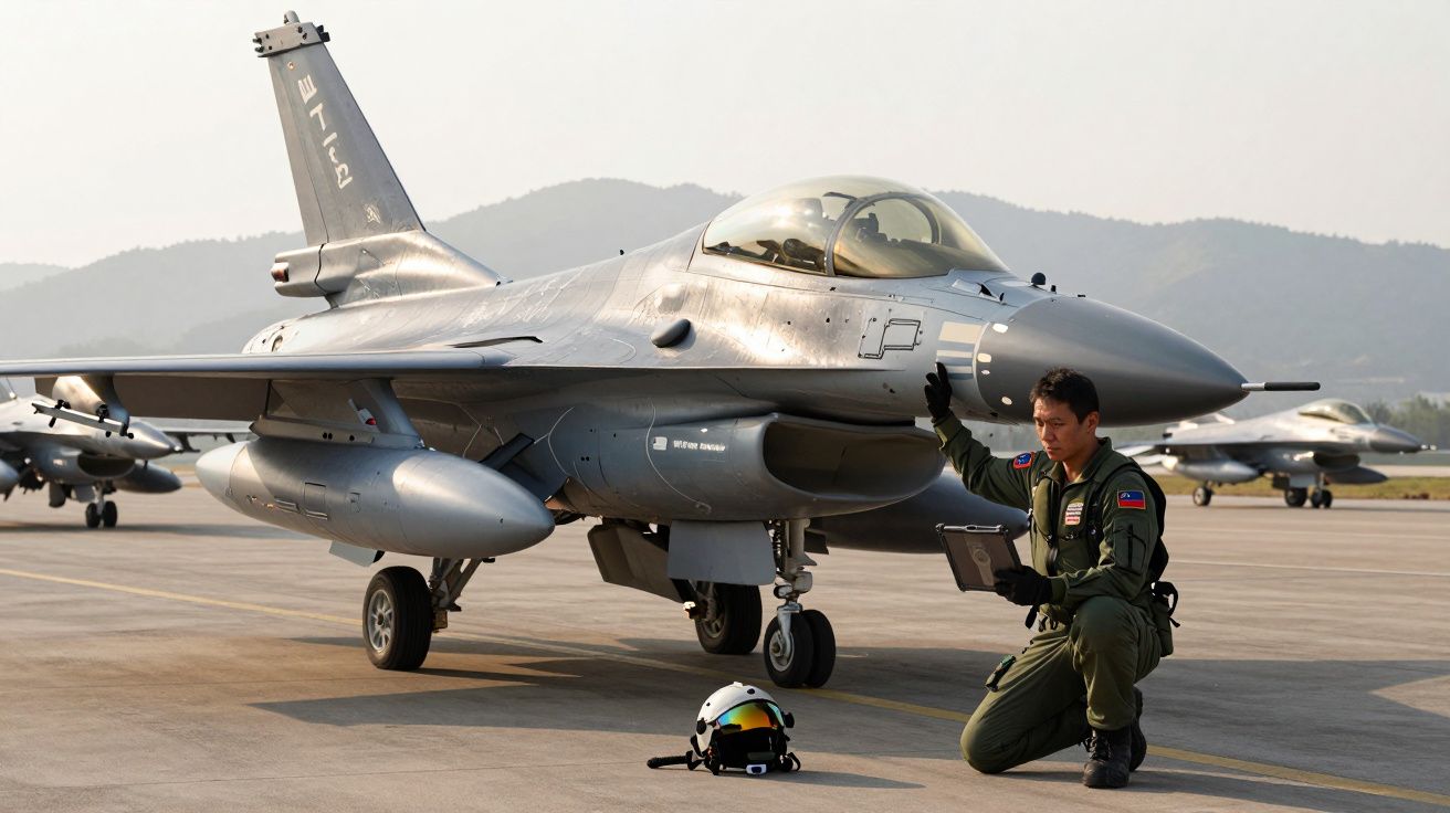 Piloto militar ajoelhado ao lado de avião de caça estacionado em pista com montanhas ao fundo.