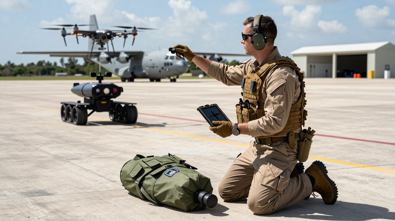Soldado de joelhos controla drone com tablet numa pista aérea, ao lado de robô terrestre e mochila militar.