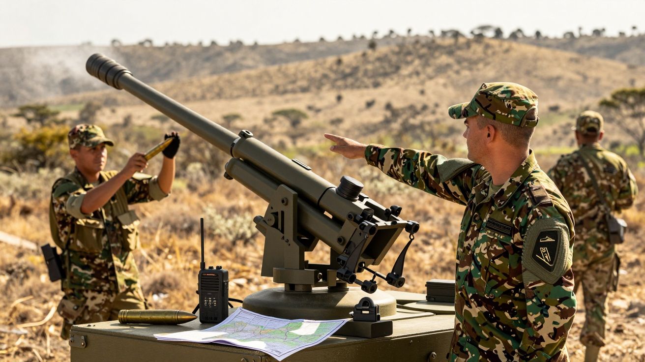 Soldados em uniforme camuflado operam um canhão montado em terreno seco com colinas ao fundo.