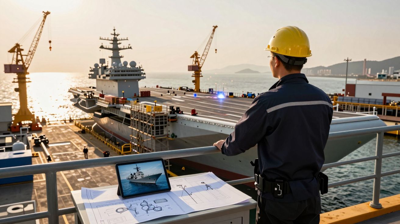 Homem com capacete amarelo observa porta-aviões, com plantas e tablet numa mesa industrial perto do mar.