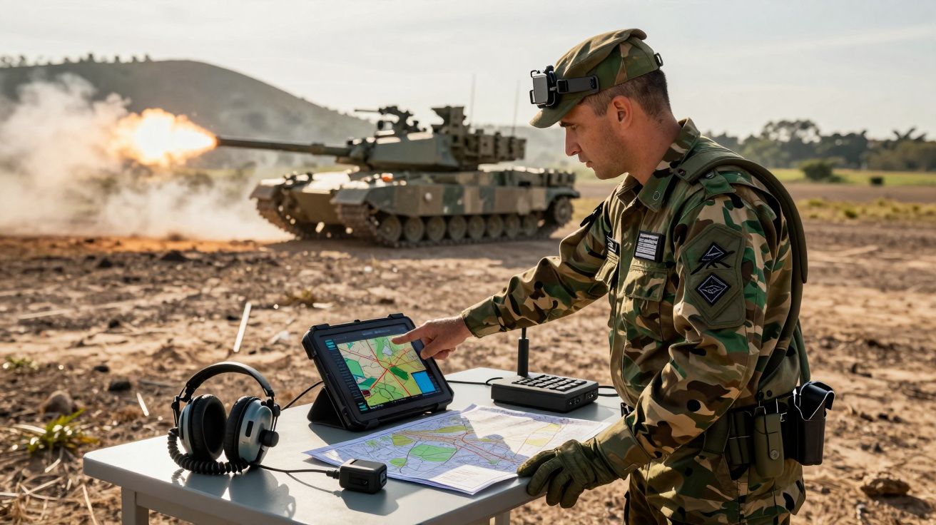 Soldado em uniforme camuflado usando tablet para navegação, com tanque a disparar ao fundo num cenário de campo aberto.