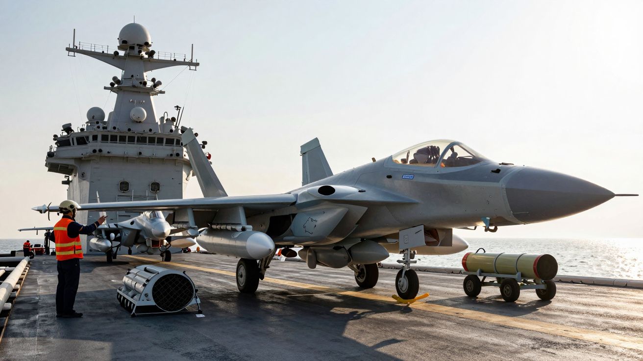 Caça militar cinzento numa plataforma de voo de porta-aviões com pessoal a operar e mar ao fundo.