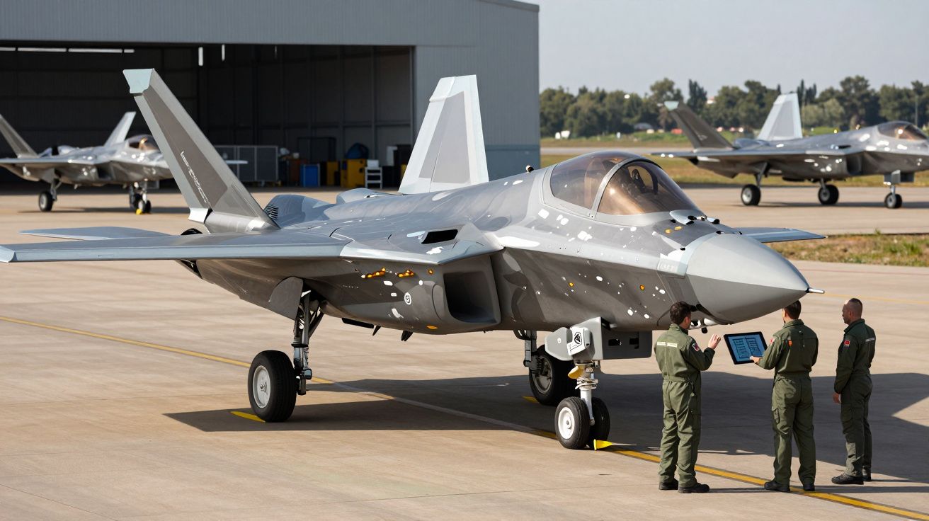 Caça furtivo cinzento estacionado em pista com três militares a discutir junto à frente.