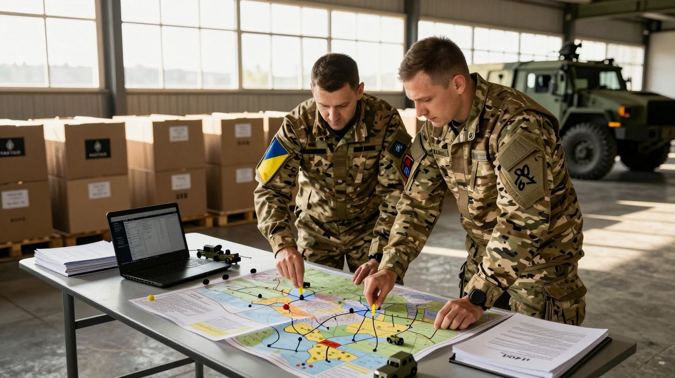 Dois militares em uniforme camuflado planeiam estratégias sobre um mapa numa mesa dentro de um armazém com caixas e veículo.